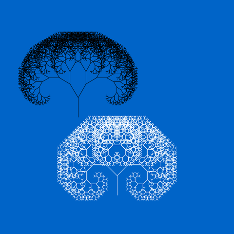 Two recursive trees, one in black strokes, 30 degree angles, the other in white. 45 degree angles, on a blue background.