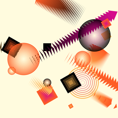 This image is an abstract generative artwork featuring a variety of geometric shapes and patterns. It includes a mix of vibrant colors such as orange, purple, and black. The composition is dynamic, with overlapping shapes creating a sense of depth and movement. The use of bold colors and sharp lines gives the artwork a modern and energetic feel.
