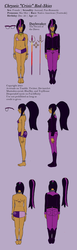 A reference sheet of a tawny-skinned woman with black hair shown in a pair of outfits in front, side, and back views.  On the left, she is wearing a purple bikini, glasses and a spiked collar and bands on her wrists and ankles. On the right, she wears the same accessories while dressed like a cowboy in purple and black colors.  Between them is a reference for a sword with a blade colored like the dawn.