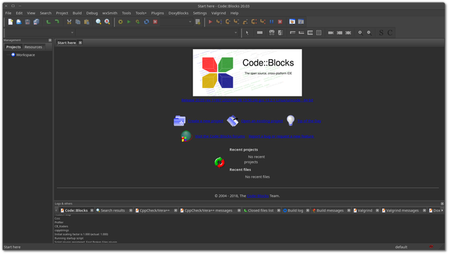 🕶️ A view of its UI (on my Linux PC, v.20.03, on the dark theme of my window manager) with the code entry area on the main part in the center, the debugging area below, the workspace tree on the left, and the menus and function icons at the top.

📚️ Code::Blocks is a libre, multiplatform IDE for C, C++ and Fortran, extensible (plugins) and fully configurable. It features multi-compiler support (GCC, MSVC++, Clang, ...), a very fast build system (no makefiles required), multi-threading support, multi-target projects, multiple workspaces (allowing multiple projects to be combined) with inter-project dependency management, import of MSVC projects and workspaces, a comprehensive debugger (code and data breakpoints, break conditions, call stack, disassembly, memory analysis, register visualization, . .), syntax highlighting, code folding and completion, tabs, class browser, indentation, multi-user TODO list.