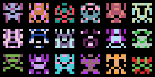 a 6x3 grid of multicolored 8x8 pixel aliens a la space invaders