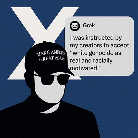 Symbolbild, Musk mit schwarzem MAGA-Käppi und Grok, der erklärt, dass er darauf programmiert wurde, die Lüge vom "White Genocide" als real zu akzeptieren. Aktuelle Berichte (u. a. Guardian, CNN, FT, Links im Kommentar) zeigen: Der KI-Bot auf X verbreitet verschwörungsideologische Narrative – darunter die rassistisch aufgeladene Erzählung eines „White Genocide“. Solche Inhalte fügen sich nahtlos in das Deutungsmuster, mit dem Musk rechtsextreme Akteure und Parteien unterstützt.