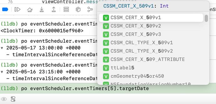 Typing in the LLDB console in Xcode: "po eventScheduler.eventTimers[5].targetDate". I've typed the 5 in the brackets, and Xcode helpfully tries to autocomplete various constants that match the "5", suggesting I put CSSM_CERT_X_509v1 there instead of the index 5.