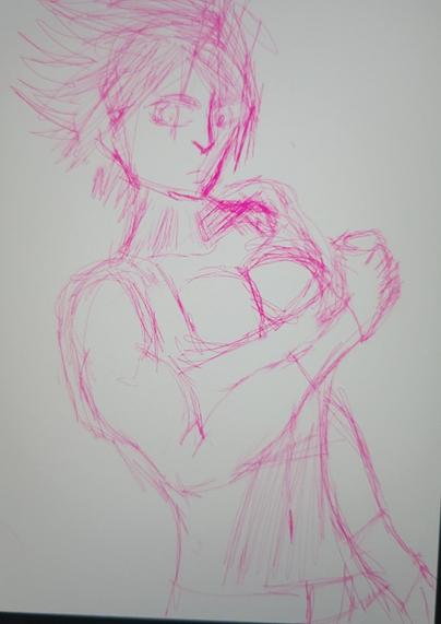 A pink line white background of a muscle girl posing and flexing pushing her booba against it and spikey hair. It is very rough and a practice.