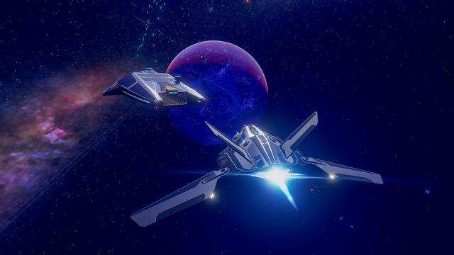 A sleek, silver starfighter heads towards a carrer in space as an icy planet hangs in the background.