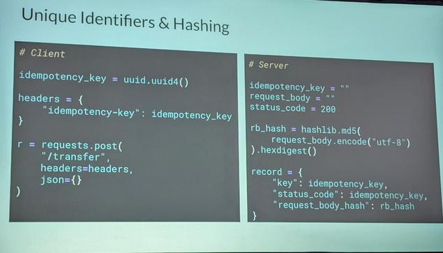 A slide showing the client and server side of a unique identifier and hashing system
