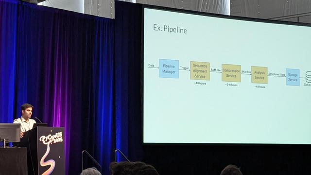 A speaker stands at a podium in front of blue and purple lights. The podium says PyConUS 2025. A slide projected says Ex pipeline and shows a diagram of a data pipeline