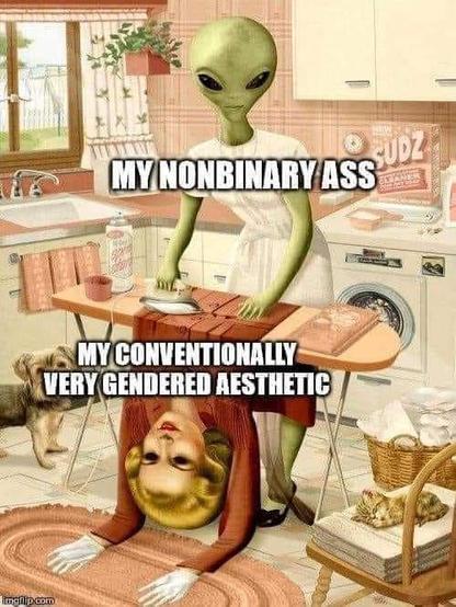 Alien ironing the human suit captioned (alien) "my nonbinary ass" (human suit) "My very conventionally gendered aesthetic. "