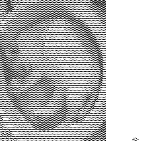 A white cat curled up in a cat bowl, zonked out completely. The image is rendered as a series of zigzagging lines. The zigzags are flatter in lighter areas and more bend in darker ones. That's doing all the work here.