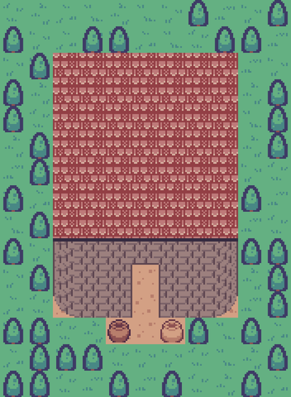 A stone house in a grassy forest.