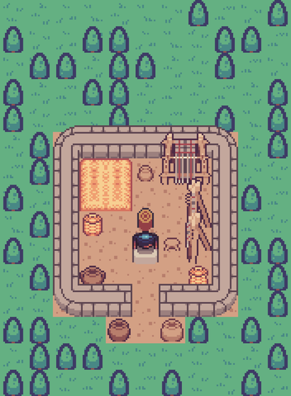 A cutout of a stone house with its inside visible. Several items are inside, such as straw beds, ceramic pots, stools, cooking pots, wicker baskets, and looms.