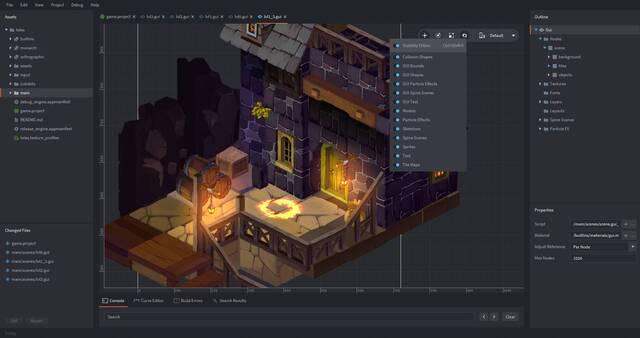 🕶️ A view of its UI (on a dark theme) quite classical with in the center and on the biggest part of the screen the view of the game under development (a fantasy type scene with a medieval house in 2.5D or 3D? and a fire circle on its terrace), and on both sides of the scene some setting areas and other property boxes. In the foreground of the scene, an interface that the user is setting up with about ten activated boxes related to the game GUI.

📚️ Defold is a free and multi-platform engine / IDE for 2D/3D game development for consoles, PC, mobiles & websites, focused on simplicity and performance. There is nothing to install or configure, not even when creating the deliverable. It offers a turnkey solution with all the necessary tools (visual editor, code editor, Lua game logic, Lua debugger, scene editor, particle editor, tile-based map editor), including the ability to create complex behaviors from basic elements, extend the engine with native code, build in the cloud without configuration, and add new features from a resource portal.