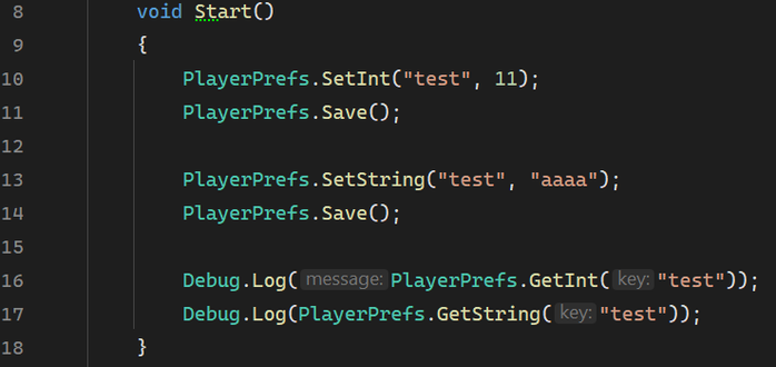 **TL;DR:** Unity C# script sets an int and then a string with the same key in `PlayerPrefs`, logs both values — the int is overwritten.

**Extracted Text:**

```csharp
void Start()
{
    PlayerPrefs.SetInt("test", 11);
    PlayerPrefs.Save();

    PlayerPrefs.SetString("test", "aaaa");
    PlayerPrefs.Save();

    Debug.Log(PlayerPrefs.GetInt("test"));
    Debug.Log(PlayerPrefs.GetString("test"));
}
```

**Description for a blind person:**
This is a Unity C# script defining the `Start()` method. It first saves an integer value `11` under the key `"test"` using `PlayerPrefs`. Then it overwrites that key by saving the string `"aaaa"` under the same key. Both times `PlayerPrefs.Save()` is called to commit the changes. Finally, it logs the results of retrieving both an int and a string using the `"test"` key.
