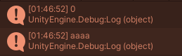 **TL;DR:** Unity console shows `PlayerPrefs.GetInt("test")` returns `0` after overwriting the key with a string; `GetString("test")` returns `"aaaa"`.

**Extracted Text:**

```
[01:46:52] 0
UnityEngine.Debug:Log (object)
[01:46:52] aaaa
UnityEngine.Debug:Log (object)
```

**Description for a blind person:**
This is a screenshot of the Unity console output. It shows two log entries with timestamps. The first logs the number `0`, indicating that retrieving the `"test"` key as an integer failed after it was overwritten with a string. The second logs `"aaaa"`, confirming the string value was successfully saved and retrieved. Both logs are from `UnityEngine.Debug:Log (object)`.