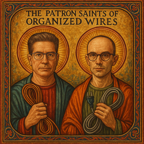 AI generated image of my face and James face made to look like saints with halos. We are each holding a bundle of cables. The text at the top says “THE PATRON SAINTS OF ORGANIZED WIRES”.