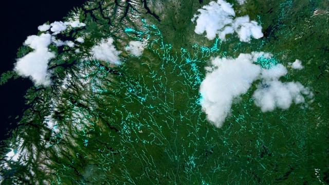 Aerial view of rivers on the border of Sweden & Norway