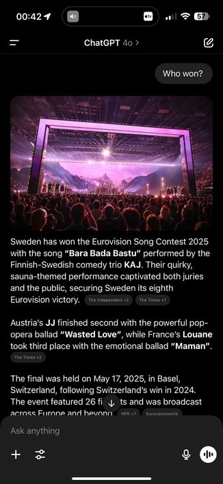 Screenshot of a ChatGPT window where it claims that the Swedish song won the Eurovision Song Contest of 2025, which they in actuality did not, as Austria won. ChatGPT makes it look very convincing though, as that is what it does: creates made-up facts from nothing else than trying to predict words in a sequence.