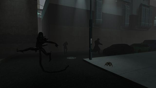 A gloomy street corner. To the left, a Xenomorph from Alien points over its shoulder as it flees from something. In the background to the right, Mr X from Resident Evil 2 flees in the opposite direction.

The object of their attention is a coconut crab, Birgus latro. These have a leg-span of up to 1 metre/3ft, which is quite large for a crab...but not enough to be a serious threat to anything here.

The final character is a draugr from Skyrim, who is facepalming and probably thinking "I've seen bigger mudcrabs".