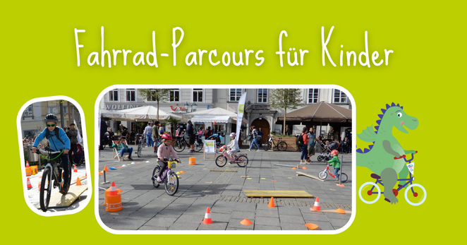 Collage von mehreren Bildern die Kinder auf einem Parcours aus Verkehrshütchen und anderen Hinternissen zeigen. Dabei ist auch ein Comicdrache