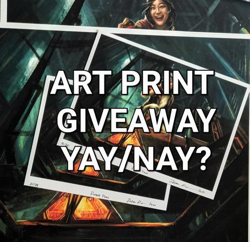 Photo of some art prints, featuring digital painting of Star Wars-verse's Doctor Aphra, done by Petra Brandström, printed on high quality paper, signed and numbered, as an example of an art print, with the text "art print giveaway yay/nay?" on top. As a way for the artist to see if there'd be general interest in a raffle or giveaway of sorts of her prints, so she can make room for new stuff and brighten someone's day at the same time, since times are tough and we may not need yet another sale in the world.