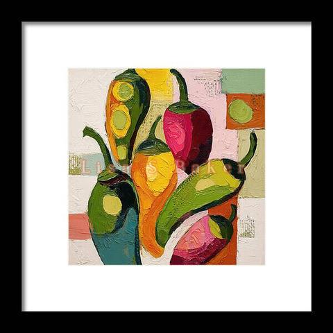 An art print displayed as framed art. Peppers Delight is a lively celebration of color, texture, and form. This expressive piece showcases a vibrant collection of multicolored peppers brought to life through bold brushstrokes and dynamic composition. Set against a patchwork of geometric shapes, the peppers pop with personality — each one uniquely shaded to highlight its natural curves and character. Art by Lisa S Baker