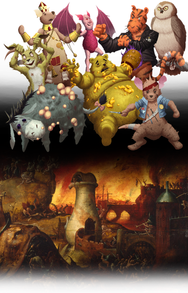 A tall image. At the bottom is a classical artwork of Hell separated by a band of darkness, and above it is a demonic Piglet, very large and upset Winnie the Pooh, and Rabbit with bloodshot eyes and holding his ears. In the upper right corner Owl stars malevolently, perched on a branch with a humanoid's ear in his talons. Between them is Tigger with his fists up, one eye blinded, and a tough leather jacket. On the bottom right is Roo wearing a ripped bandana, denim jack with pins, and a bandolier with knives, one blade in his hand. Eeyore is covered in huge boils and his eyes are purple shot through with veins of magenta. In the back left is Kanga, decked out in holy relics and talismans with her hands splayed outward.
