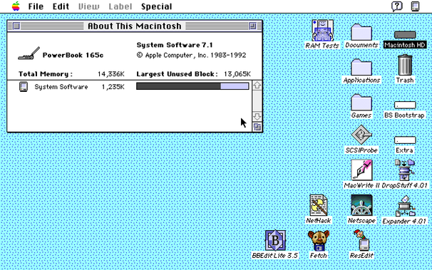 A screenshot of Mac OS 7.1, showing 14 megabytes of total system memory, the maximum for a PowerBook 165c.