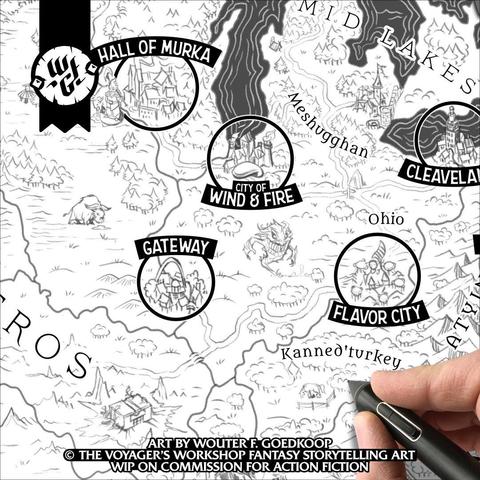 Closeup of the in progress sketch for the Map of Murka to be featured in Action Fiction’s Monsters of Murka Trilogy: Ratified & Radified Edition.