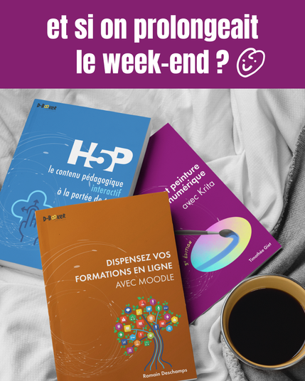 Livres sur H5P, Moodle et Krita étalés sur un plaid accompagnés d'un café.