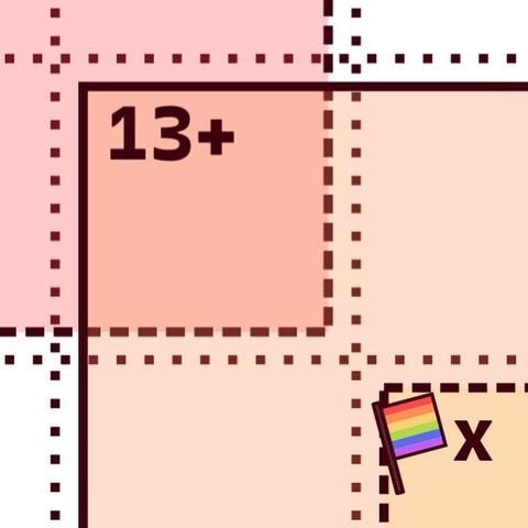 A close-up of a puzzle grid with overlapping red and orange squares, a clue that reads “13+”, and a clue with a rainbow flag and the letter x.