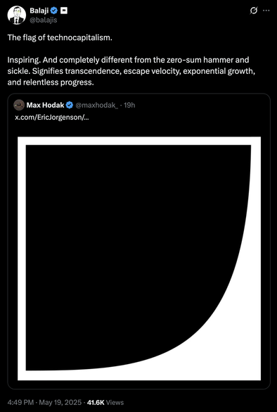 @balajis
The flag of technocapitalism.

Inspiring. And completely different from the zero-sum hammer and sickle. Signifies transcendence, escape velocity, exponential growth, and relentless progress.

(flag is a black and white exponential growth curve)