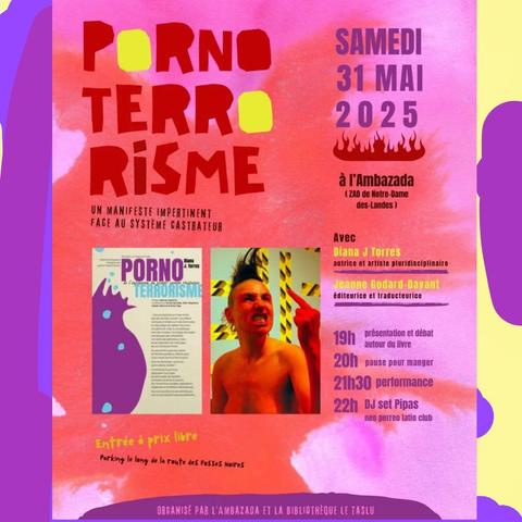 Flyer avec les infos et le programme. On voit une photo de l’autrice en train de faire un doigt d’honneur.
