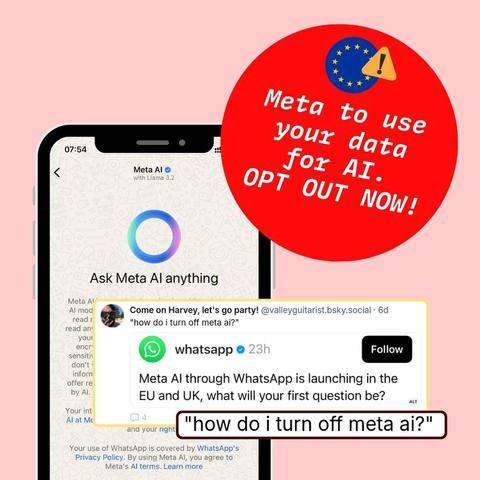 @pierostrada L'immagine mostra uno schermo di un telefono con l'app Meta AI aperta, che ha come titolo "Meta AI with Llama 3.2" e un pulsante centrale con un cerchio colorato. Sopra l'app, c'è un testo in un cerchio rosso con la bandiera dell'Unione Europea e un simbolo di avviso, che dice: "Meta to use your data for AI. OPT OUT NOW!".

Sotto l'app, c'è un tweet che dice: "Come on Harvey, let's go party! [@]valleyguitarist.bsky.social - 6d" seguito da una domanda: "how do i turn off meta ai?". In basso, c'è un messaggio WhatsApp che dice: "Meta AI through WhatsApp is launching in the EU and UK, what will your first question be?" seguito dalla risposta: "how do i turn off meta ai?".

L'immagine suggerisce che Meta sta utilizzando i dati degli utenti per l'IA e invita a optare fuori.

Fornito da @altbot, generato localmente e privatamente utilizzando Ovis2-8B

🌱 Energia utilizzata: 0.246 Wh