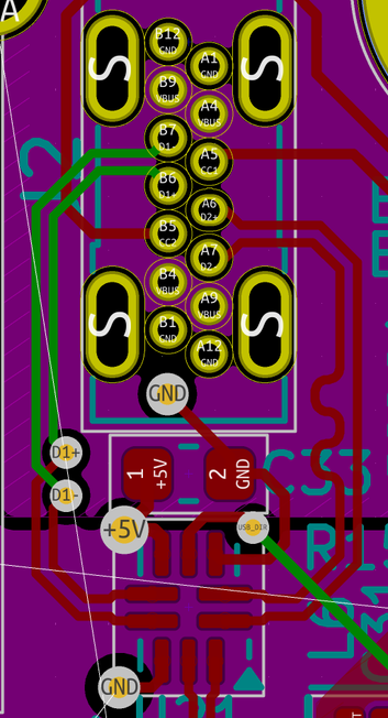 CAD view of a PCB with an edge-mounted USB-C connector with B-side traces on the left and A-side traces on the right.