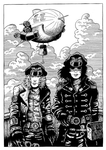 Deux aéronautes se tiennent sur la passerelle d'un navire aérien. Leurs uniformes de pilotes font penser aux débuts de l'aviation. Derrière eux flotte un dirigeable aux allures Steampunk. Les deux personnages sont inspirés par Robert Plant et Jimmy Page, chanteur et guitariste du groupe Led Zeppelin.

Two balloonists stand on the bridge of an airship. Their pilot uniforms are reminiscent of the early days of aviation. Behind them floats a steampunk-style airship. Both figures are inspired by Robert Plant and Jimmy Page, singer and guitarist of the band Led Zeppelin.