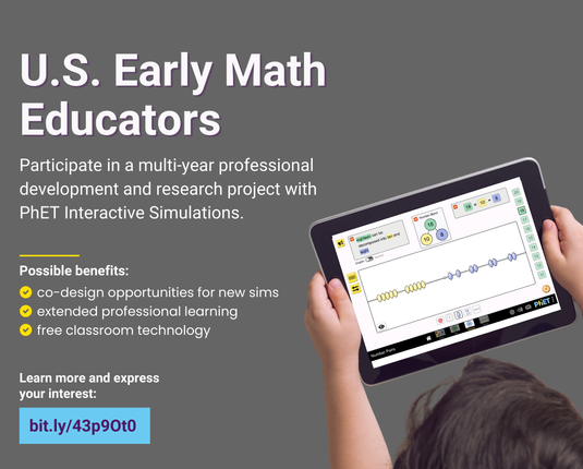 A young boy using a PhET sim on a tablet. Promotional details about early math opportunity.