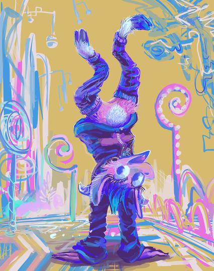 anthropomorphic goat person with pink fur and an oversized blue sweatshirt does a hand-stand in a strangely detailed urban street-like environment