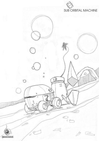Scifi ballpoint sketch of Sub Orbital Machines scene
