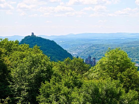 View from one mountain to another. Dense forest in the foreground. Behind it, the ruins of Drachenfels Castle are enthroned on Drachenfels Drachenfels, which is also densely overgrown with trees. At 321 metres above sea level, the summit is around 270 metres above the Rhine. 
A little further down, to the right of Drachenfels, is Drachenburg Castle, built in the historicist neo-Gothic and neo-Renaissance styles. It was built between 1882 and 1884.