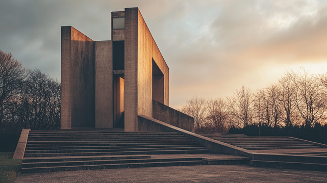 Grâce Brutaliste.
Église brutaliste aux formes géométriques épurées, baignée par la lumière dorée du couchant.
Brutalist church with clean geometric lines, bathed in golden sunset light.