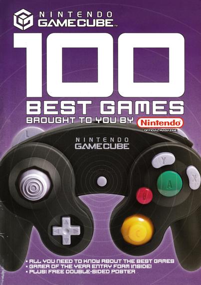 Front cover of a supplemental magazine titled 100 best Games brought to you by Nintendo.
Showing a purple background with a black GameCube controller.