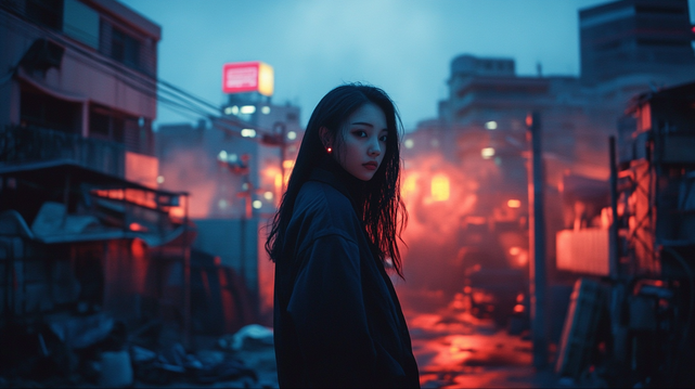 Échos dans la Brume Néon
Jeune femme au regard intense dans une ruelle industrielle, baignée de lumières rouges et bleues d’un monde cyberpunk.
Young woman with an intense gaze in an industrial alley, bathed in red and blue lights of a cyberpunk world