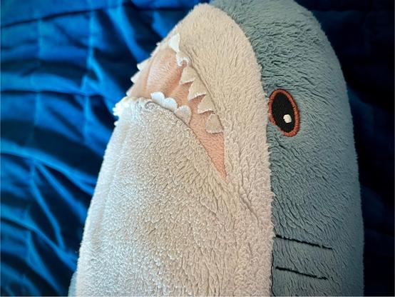 English: A close-up of a plush blåhaj, featuring a soft texture with blue and white colors, „teeth“, and cartoonish eyes. The background consists of a blue fabric surface. 

Deutsch: Nahaufnahme eines Plüsch-Blåhajs aus weichem Stoff mit blauen und weißen Farben, „Zähnen“ und comicartigen Augen. Der Hintergrund besteht aus einer blauen Stoffoberfläche.