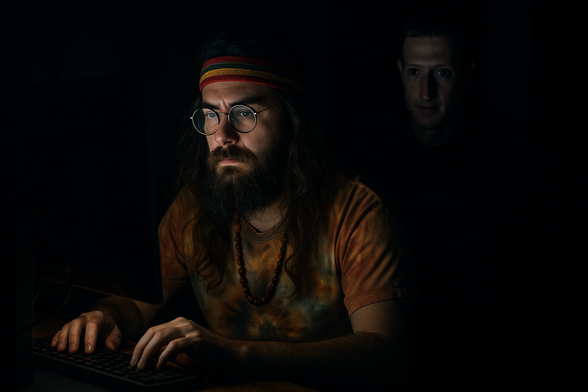A man with long hair, a full beard, and round glasses sits in the glow of a computer screen, typing intently. He wears a colorful tie-dye shirt, a beaded necklace, and a striped headband, giving off a mellow, countercultural vibe. The lighting is dark and moody, focused solely on his face and hands, suggesting late-night focus or secrecy.

Lurking just behind him in the shadows is another man, barely illuminated — his pale face peeking out with an eerie calmness. His expression is neutral but unsettling, his eyes locked forward as he watches silently from the darkness. The figure resembles Mark Zuckerberg, adding an ominous twist to the image.

The composition plays on digital surveillance themes: the chill, free-spirited internet user being unknowingly watched by Big Tech — a visual metaphor for privacy invasion in a connected world. The contrast between the colorful subject and the dim, watchful presence behind him creates a chilling, Orwellian undertone.