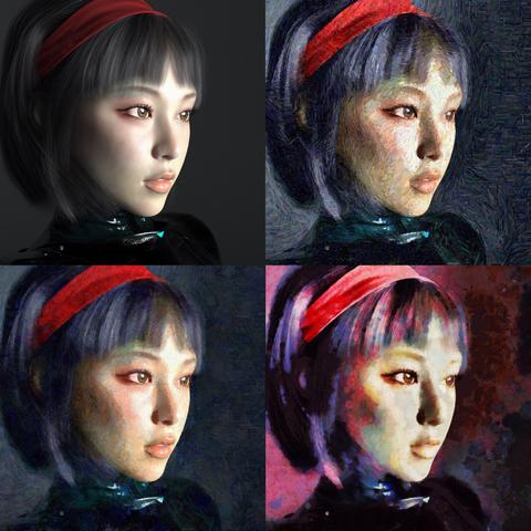 four images of an asian female head looking to the right. First one rendered, the other ones with different painting simulations added.