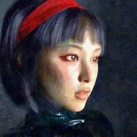 asian female head looking to the right, painting simulation added