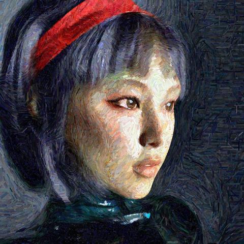 asian female head looking to the right, painting simulation added