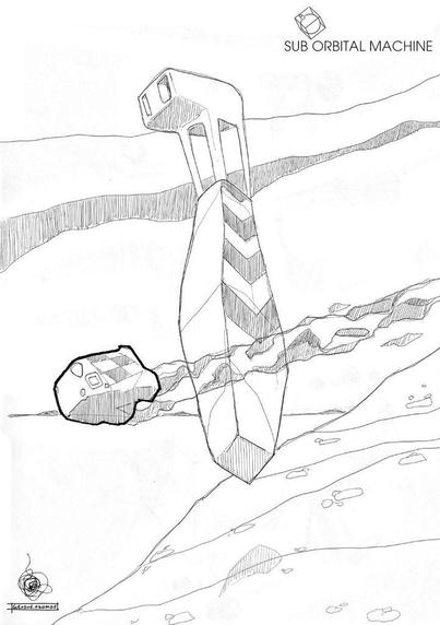 Scifi ballpoint sketch of Sub Orbital Machines scene