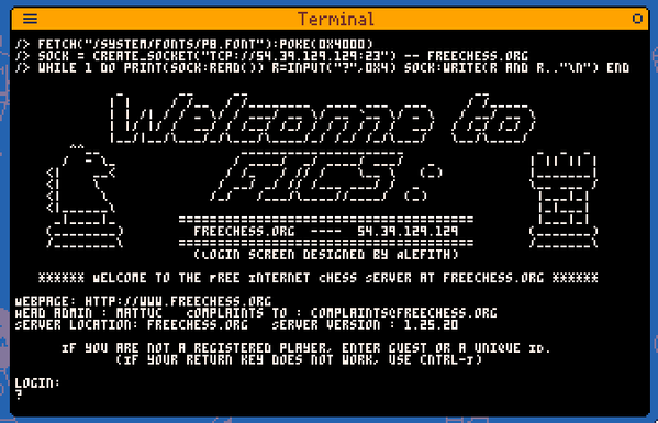 picotron terminal showing a telnet-like session connecting to freechess.org