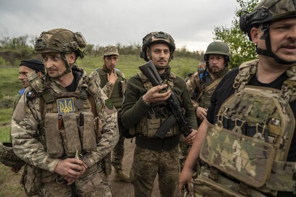 Ukrainian infantrymen from the 68th Brigade undergo training in tactical combat medicine in Donetsk Oblast, Ukraine, in May 2025